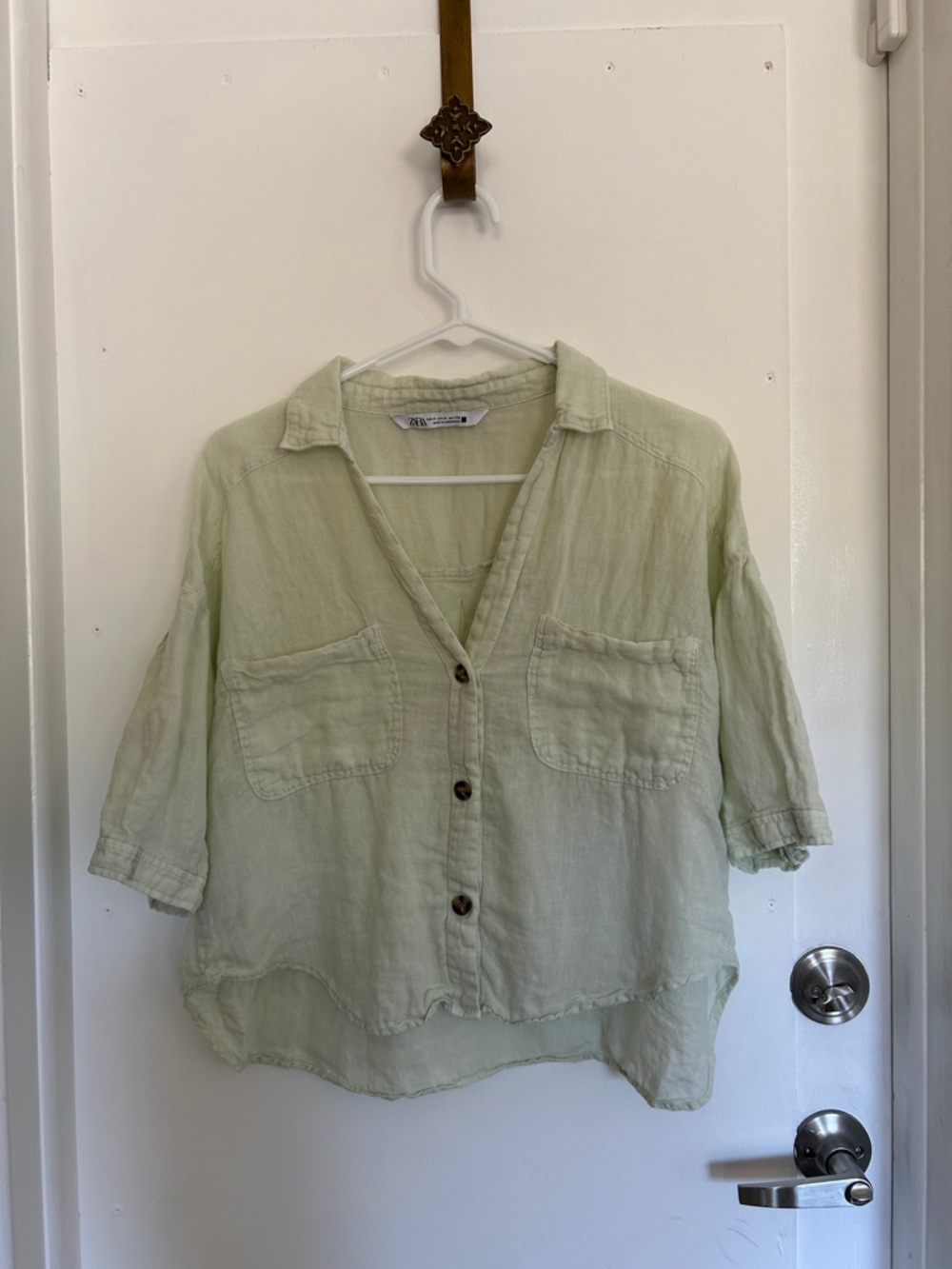 Zara Pale Mint Linen Button-Front Shirt
